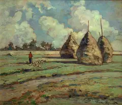 Country landscape with sheaves and flock by Gino Romiti, offered Mar 2023