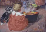 Alberto Micheli, Child with dog, Signature lower right. On the reverse: signature.