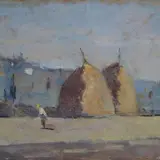 Landscape with haystacks and figure by Ludovico Tommasi, Oil on cardboard, offered Mar 2023