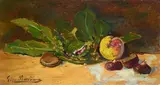 Giovanni Bartolena, Still life with figs, peaches and chestnuts, Sign at the bottom to the left.