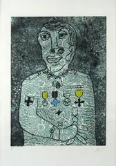 Personage of war by Enrico Baj, 1971, Signature lower left; edition bottom right; Publisher: Graphis Arte, offered Dec 2022