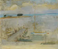 At the dock by Marianne Gábor, On the reverse: signature, offered Dec 2022