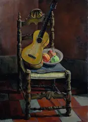 Piero Marussig, Still life with guitar (front) - Portrait of a woman (rear), 1906, Sign at the bottom to the left. Bibliography: