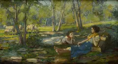 Giuseppe Pennasilico, Landscape with shepherdesses, Sign at the bottom to the left.