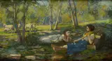 Giuseppe Pennasilico, Landscape with shepherdesses, Sign at the bottom to the left.