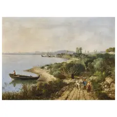 Giulio Gorra, Landscape With Boats And Peasants, oil on canvas