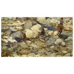 Ettore Tito, On The Riverbank, oil on panel