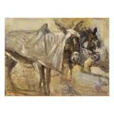 Cesare Ciani, Donkeys, oil on cardboad