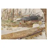 Mario Puccini, Boats At The Pier, oil on cardboard