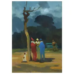 Three Masks by Renato Natali, oil on plywood, offered Mar 2025