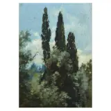Vincenzo Cabianca, Landscape With Cypresses, oil on panel