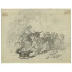 Stefano Ussi, Putti Playing With Animals, black chalk