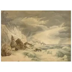 Josef Rebell, Stormy Sea With Amalfi On The Background, watercolour