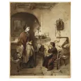 Domenico Induno, Interior Scene, black chalk and watercolours