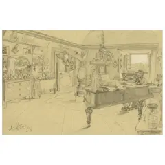Alfred Stevens, Interior With A Pianist, black chalk