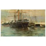 Arturo Faldi, Ships At The Port, oil on cardboard