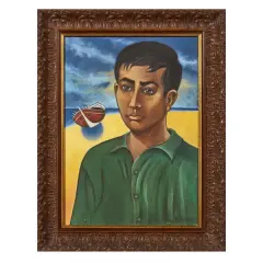 Portrait with ship 1959 by Louay Kayyali, mixed media on canvas, offered Jul 2024