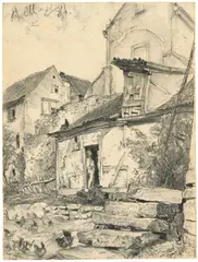 Adolph von Menzel, Wirtschaftshof bei Kloster Aura bei Kissingen, 1884, Bleistift, teilweise gewischt, auf Papier