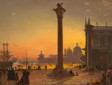 Friedrich Nerly d. Ä., Blick vom Dogenpalast in Venedig auf die Löwensäule und die Kirche Santa Maria della Salute im Abendlicht, Um 1860, Öl auf Karton, auf Hartfaser aufgezogen