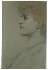 Fernand Khnopff, Dame im Profil, Um 1900, Schwarze und farbige Kreiden auf graublauem Papier, auf Papier aufgezogen