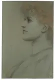 Fernand Khnopff, Dame im Profil, Um 1900, Schwarze und farbige Kreiden auf graublauem Papier, auf Papier aufgezogen