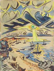 Max Pechstein, Boote am Strand von Nidden, 1919, Aquarell, Gouache und Tuschpinsel auf Bütten (Wasserzeichen: „B D C“ in Kartusche)