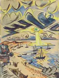 Max Pechstein, Boote am Strand von Nidden, 1919, Aquarell, Gouache und Tuschpinsel auf Bütten (Wasserzeichen: „B D C“ in Kartusche)