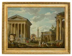 Giovanni Paolo Panini und Werkstatt, Predigt eines Apostels vor den „Monumenti Romani“ – Capriccio von Medici-Vase aus den Uffizien, Maison Carrée in Nîmes, Tempel der Minerva Medica, der Trajanssäule, des Septimius-Severus-Bogens und de, Um 1755, Öl auf Leinwand