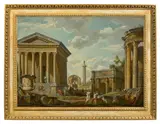Predigt eines Apostels vor den „Monumenti Romani“ – Capriccio von Medici-Vase aus den Uffizien, Maison Carrée in Nîmes, Tempel der Minerva Medica, der Trajanssäule, des Septimius-Severus-Bogens und de by Giovanni Paolo Panini und Werkstatt, Um 1755, Öl auf Leinwand, sold Nov 2017