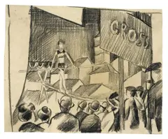 Seiltänzer by August Macke, 1913, Kreide auf dünnem quadrierten Papier (Quadrierung verblaßt), an den Ecken auf festes Papier montiert, sold May 2011