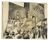 August Macke, Seiltänzer, 1913, Kreide auf dünnem quadrierten Papier (Quadrierung verblaßt), an den Ecken auf festes Papier montiert
