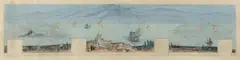 Lyonel Feininger, Entwurf für ein Wandgemälde auf der SS Constitution, 1950, Aquarell, Tuschfeder und Kohle auf zwei aneinandergefügten Velinbögen
