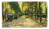 Lesser Ury, Berliner Straße im Sonnenschein“. 1920er-Jahre, Öl auf Leinwand, auf Pappe, auf Holz aufgezogen