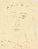 Pablo Picasso, Pour Zina, 1944, Tuschfeder auf der linken Hälfte eines Doppelbogens gelblichen Papiers (Rückseite eines Titelblatts von Christian Zervos‘ Picasso-Werkverzeichnis)