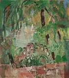 Oskar Moll, Blick auf See, mit Blättern und zwei weißen Segelbooten, 1943, Öl auf Leinwand