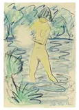 Otto Mueller, Stehender Mädchenakt im Teich, Um 1925, Aquarell, Farbkreide und Tusche auf Papier