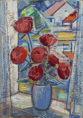 Jaroslav Grus, Flower Bouquet in a Window, 1960, oil on cardboard