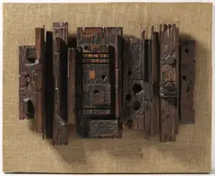 Eduard Ovčáček, Alphabet, 1965, wooden assemblage on linen