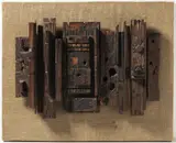 Eduard Ovčáček, Alphabet, 1965, wooden assemblage on linen