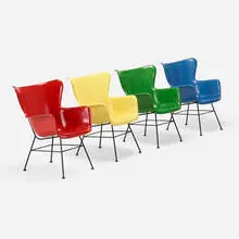 Lawrence Peabody, Chairs model PF1, set of four, c. 1954, lacquered molded fiberglass, enameled steel, rubber