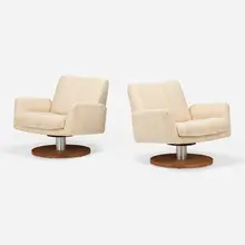 Lounge chairs, pair by Modern, c. 1975, walnut, upholstery, aluminum, sold Mar 2023