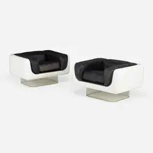 William Andrus, Lounge chairs, pair, 1973, lacquered fiberglass, acrylic, leather