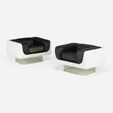 William Andrus, Lounge chairs, pair, 1973, lacquered fiberglass, acrylic, leather