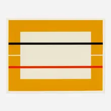 Donald Judd, Untitled, 1990, woodcut in cadmium yellow with black and red hand-stencil printing on Tosa Hanga