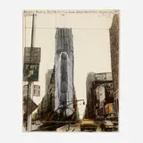 Christo, Wrapped building, Project for 1 Times Square, New York, 1985, lithograph in colors with collage of fabric, thread, polyethylene and staples on Guarro mounted to board