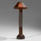 Mission Standing floor lamp base, model 157 with Aurora Studios shade by Shop of the Crafters, c. 1906, oak, patinated brass and steel, mica, sold Dec 2023