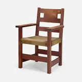 Limbert, Cut-out armchair, model 593, c. 1910, oak, copper, upholstery