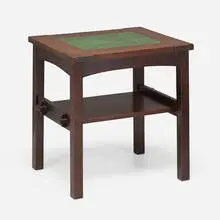 attribution for Gustav Stickley and Grueby Faience Company LaMont A. Warner, Early and Rare twelve-tile tea table, c. 1902, oak, glazed tiles