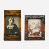 Picture frames, set of two by Arthur Grimmel and Hardy Brothers, 1900-05, hand-painted cherry, brass, hammered copper, leather over wood, sold Dec 2023