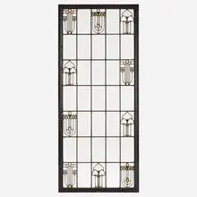 Window by attribution Howard Van Doren Shaw, c. 1910, leaded glass, copper caming, painted wood, sold Dec 2023